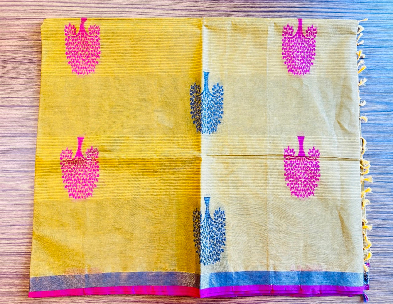 KaithariKada- Balaramapuram  Saree - 100% PURE Cotton - Yellow, Maroon & Navy Blue Design - 13KK1004RJ