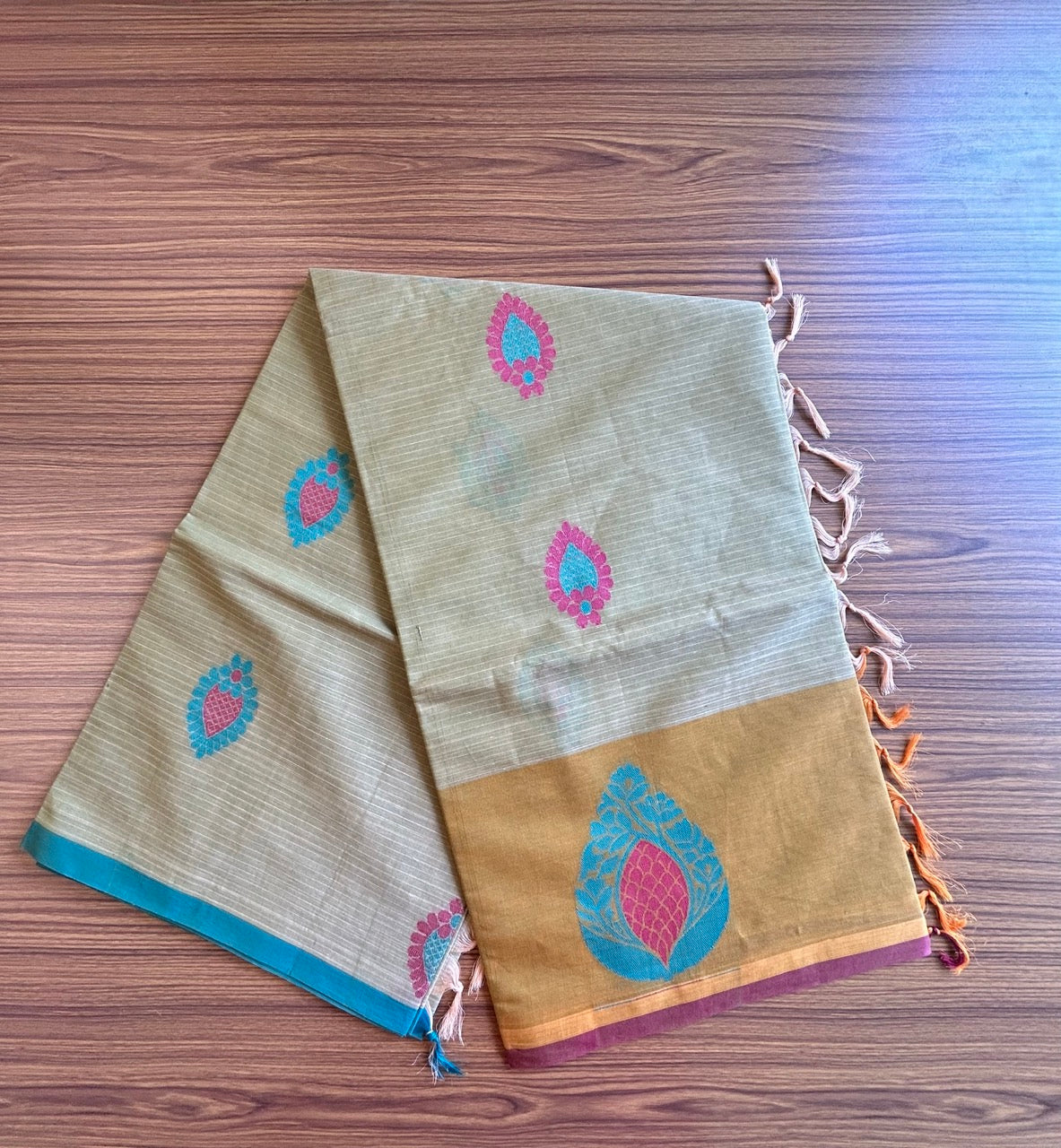 KaithariKada- Balaramapuram  Saree - 100% PURE Cotton - Mustard Yellow Green & Red Design - 14KK1005MANO