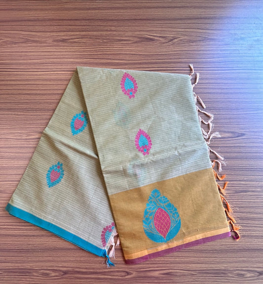 KaithariKada- Balaramapuram  Saree - 100% PURE Cotton - Mustard Yellow Green & Red Design - 14KK1005MANO