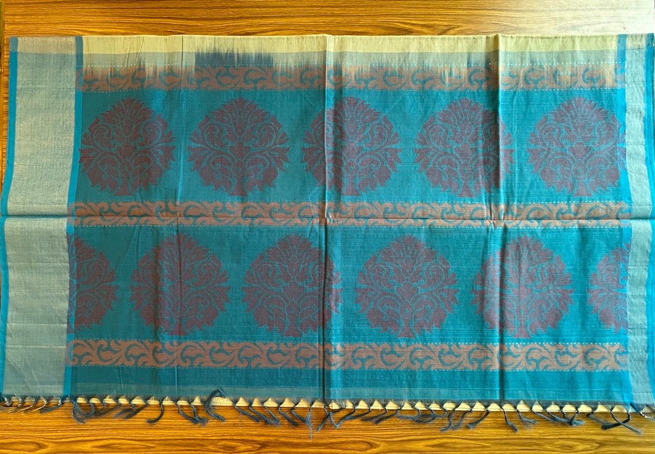 KaithariKada- HANDLOOM UNAKKUPAAV Balaramapuram  Saree - 100% PURE Cotton - Desert Grey Brown & Blue Design - 5KK1002KHA