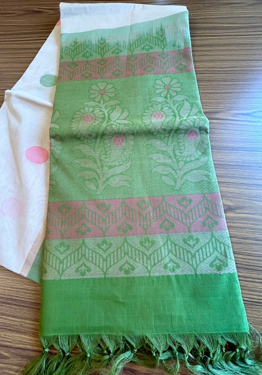 KaithariKada- HANDLOOM UNAKKUPAAV Balaramapuram  Saree - 100% PURE Cotton - Cream & Light Green Design - 7KK1002KHA