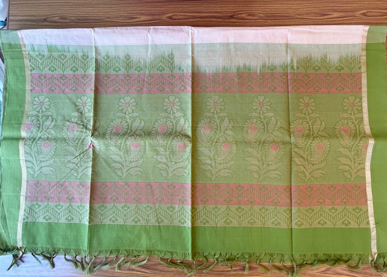 KaithariKada- HANDLOOM UNAKKUPAAV Balaramapuram  Saree - 100% PURE Cotton - Cream & Light Green Design - 7KK1002KHA