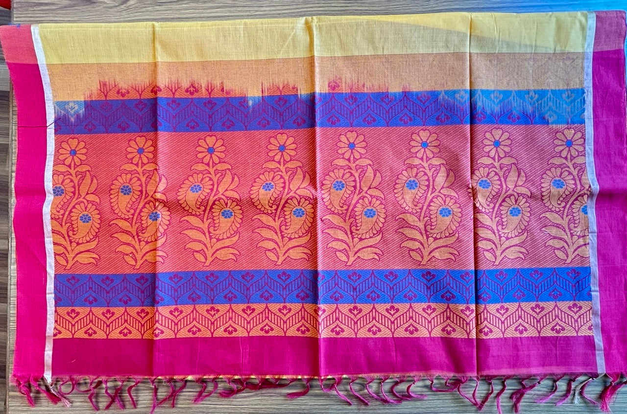 KaithariKada- HANDLOOM UNAKKUPAAV Balaramapuram  Saree - 100% PURE Cotton - Yellow Red & Blue Design - 9KK1002KHA