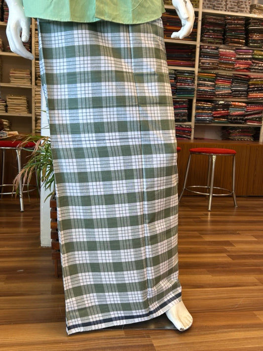 10% DISCOUNT ! KaithariKada Kalamachal 100% Pure Cotton - Handloom Single Mundu/Dhoti - GREEN CHECK COLOUR BODY with 1 cm Border - 15KK8004KK