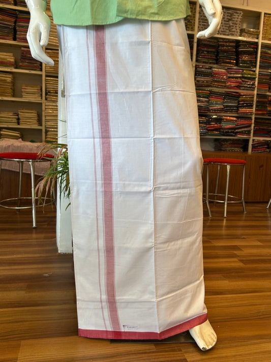 Ultimate HANDLOOM-19% Discount! - Kaitharikada Kalamachal-Government Sealed HALLMARKED-100% PURE COTTON! (80x80) Twisted Thread- Light WHITE SINGLE Mundu / Dhoti - 2 inch Light Red Striped Kara - 11KK8004KK