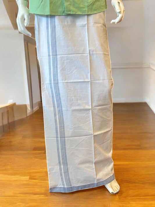 Ultimate HANDLOOM-19% Discount! - Kaitharikada Kalamachal-Government Sealed HALLMARKED-100% PURE COTTON! (80x80) Twisted Thread- Light WHITE SINGLE Mundu / Dhoti - 1.75 inch Blue Striped Kara - 7KK8004KK