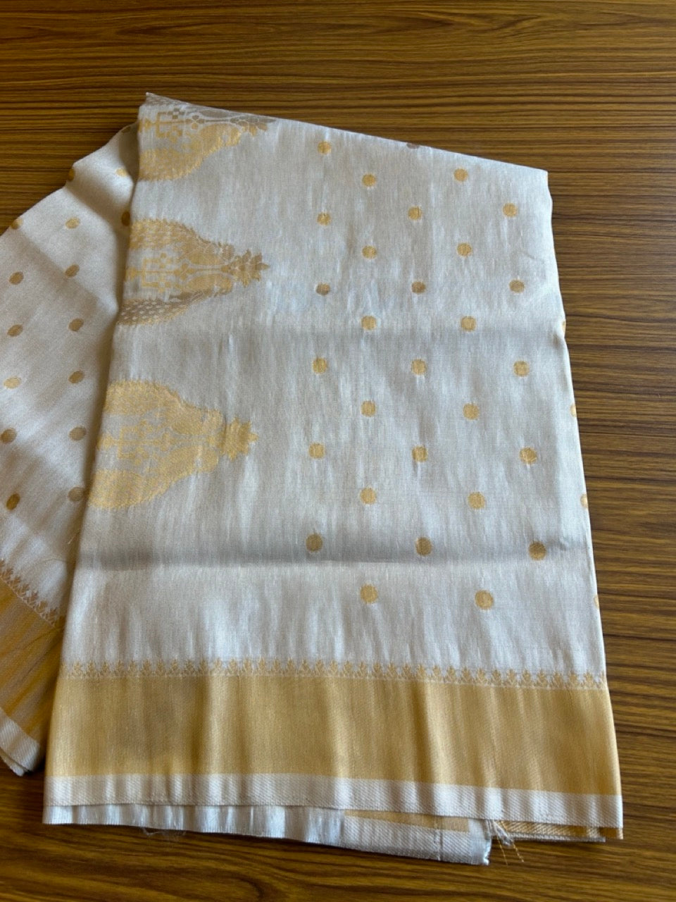 Kaitharikada Traditional Kerala Saree - Kasav Tissue - 9.5 inch Kasavu Kara Gold Peacock Embroidery - 1KK1000KAN