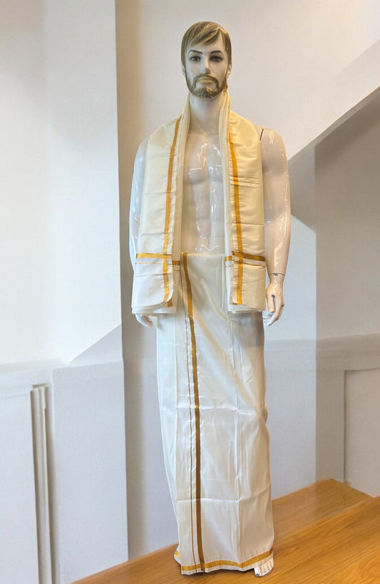 KaithariKada Balaramapuram 100% Art Silk Double Mundu/Dhoti & Neriyath - 1.25inch Gold Kasavu kara - 1KK5015KAN