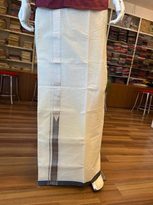 19% Discount !! KaithariKada Balaramapuram 100% Cotton Double Off White - (Unbleached) Mundu/Dhoti-100x100 1.5 inch Heavy Chutty Silver Kasavu & Black Striped kara - 7KK5055ASH