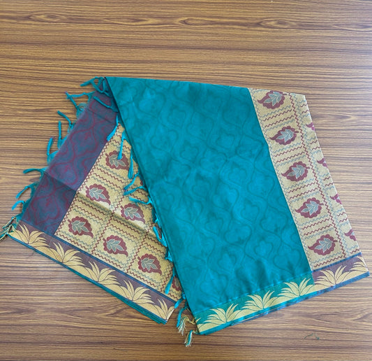 Kerala Colour Cotton Saree - Green Maroon & Sand Brown Leaf Design Kara - Kaitharikada - 1KK1007RJT