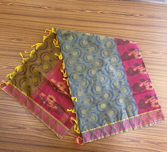 Kerala Colour Cotton Saree - Shaded Blue Yellow &  Maroon Flower Design Kara - Kaitharikada - 2KK1007RJT