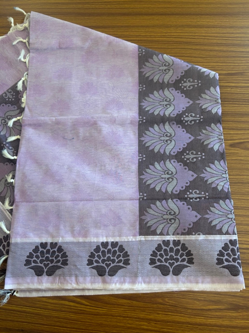 Kerala Colour Cotton Saree - Lavender Cream & Brown Flower Design Kara - Kaitharikada - 6KK1007RJT