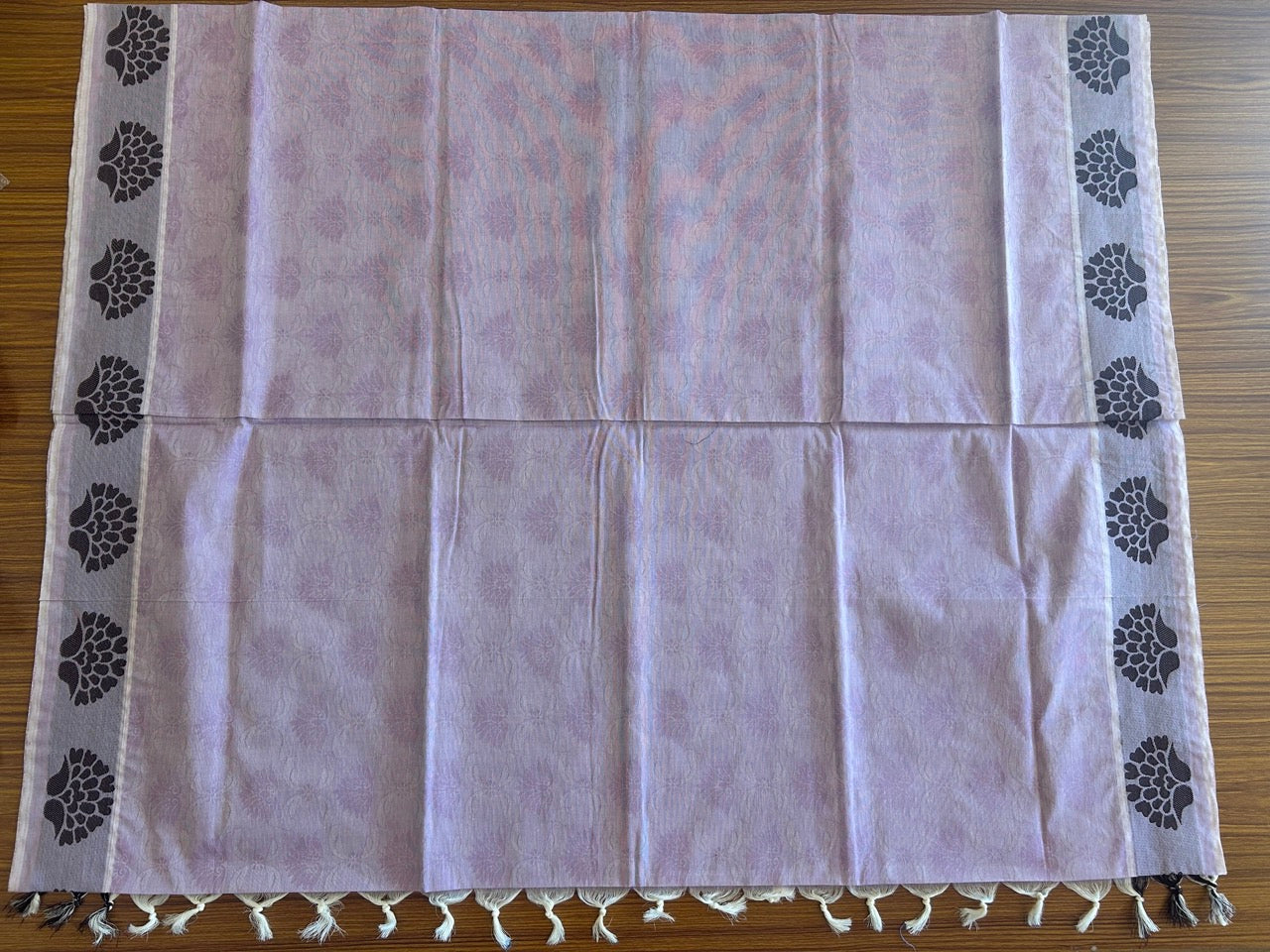 Kerala Colour Cotton Saree - Lavender Cream & Brown Flower Design Kara - Kaitharikada - 6KK1007RJT