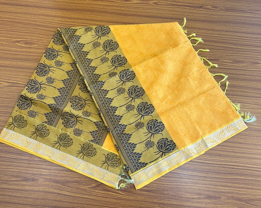 Kerala Colour Cotton Saree - Yellowish Orange Blue & Silver Flower Design Kara - Kaitharikada - 8KK1007RJT