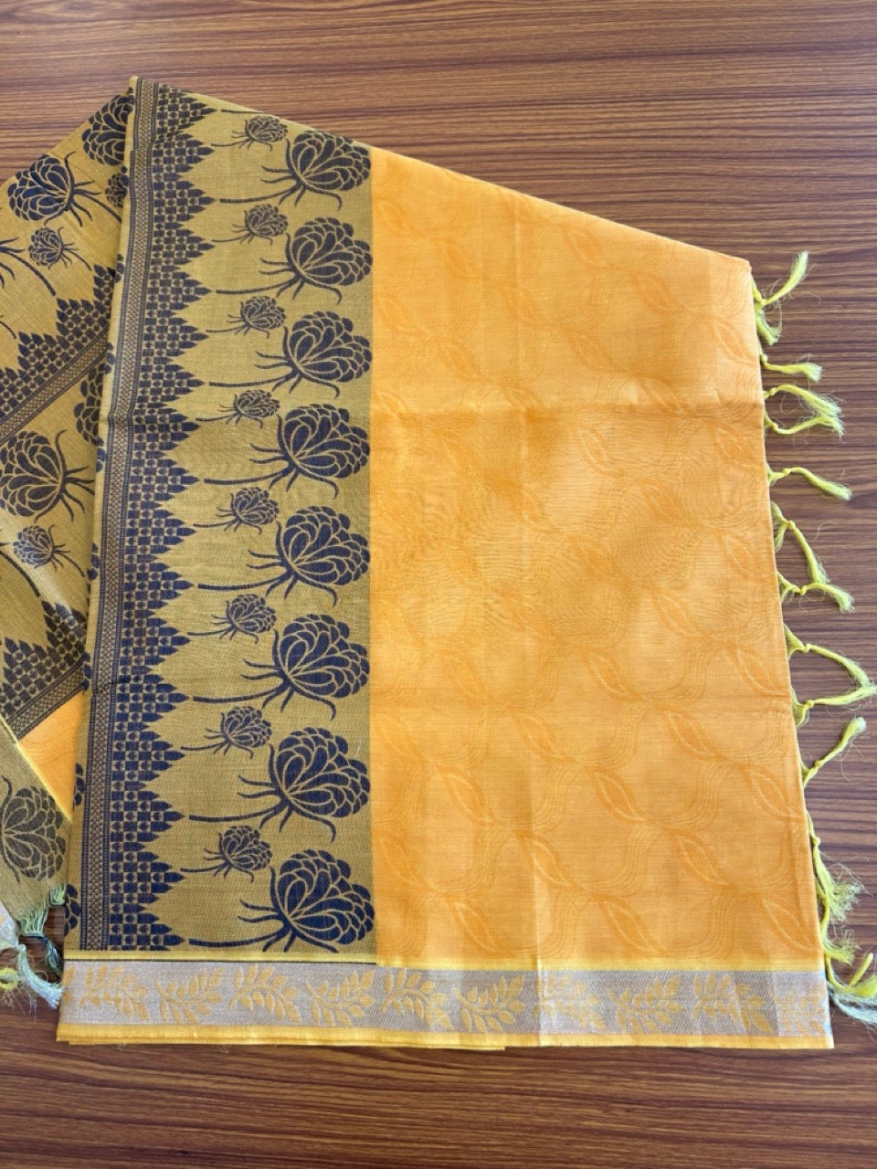 Kerala Colour Cotton Saree - Yellowish Orange Blue & Silver Flower Design Kara - Kaitharikada - 8KK1007RJT