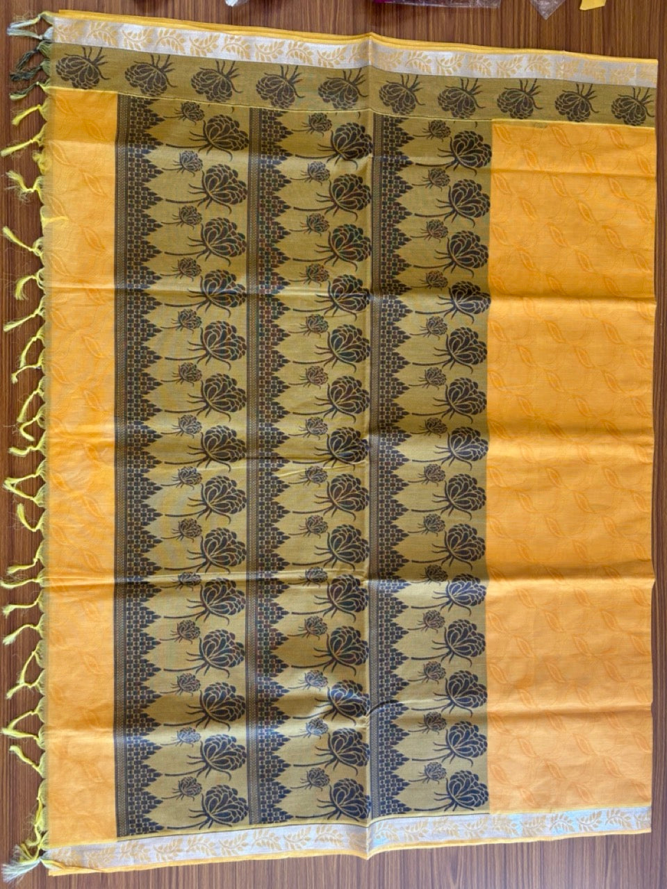 Kerala Colour Cotton Saree - Yellowish Orange Blue & Silver Flower Design Kara - Kaitharikada - 8KK1007RJT