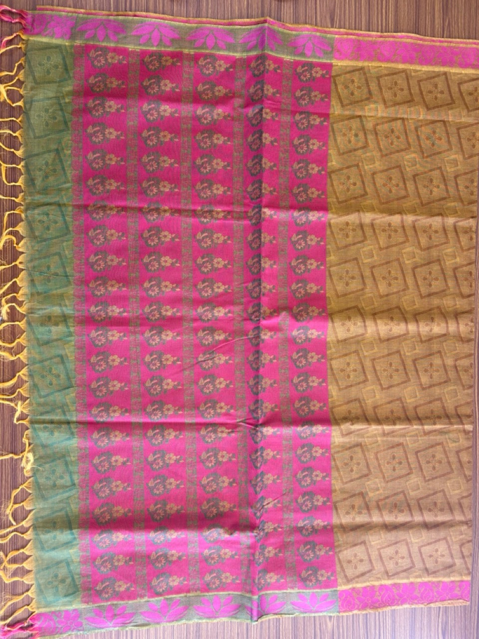 Kerala Colour Cotton Saree - Brownish Orange Green & Magenta Flower Design Kara - Kaitharikada - 10KK1007RJT