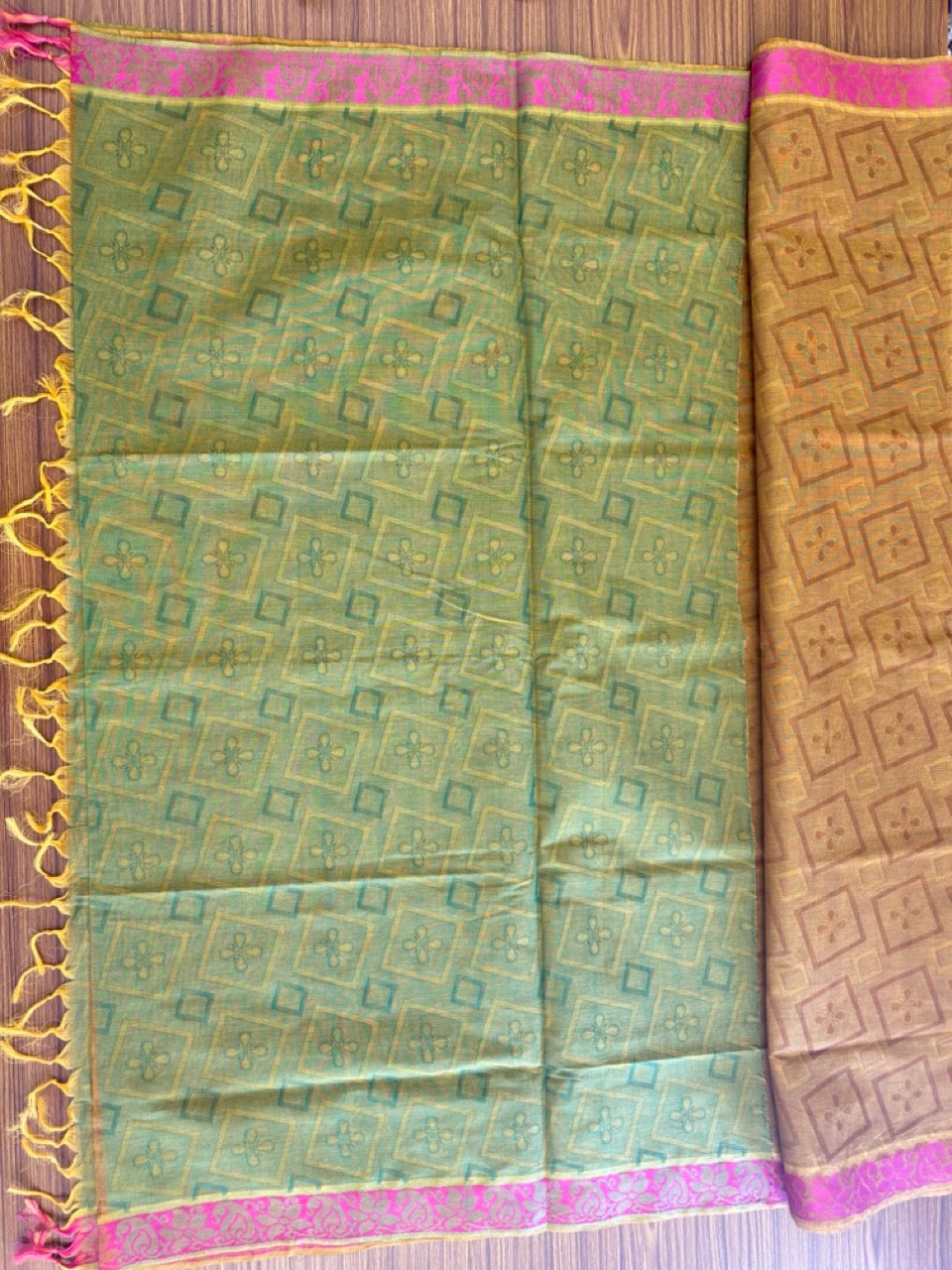 Kerala Colour Cotton Saree - Brownish Orange Green & Magenta Flower Design Kara - Kaitharikada - 10KK1007RJT