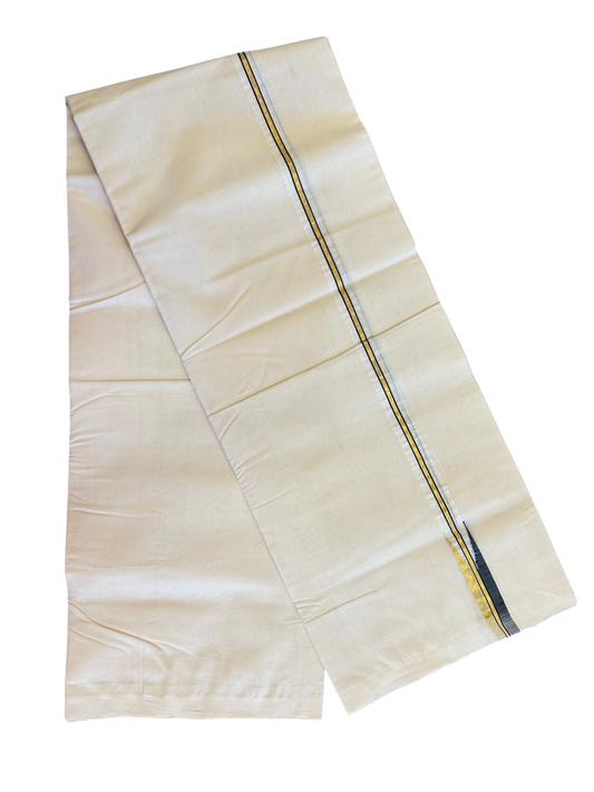 15% DISCOUNT!! KaithariKada HANDLOOM Millpaav Balaramapuram - 100% PURE Cotton OFF White - (Unbleached) Double Mundu/Dothi - 2 cm puliyilakkara Kasavu & Black chutty - 3KK5075RAM