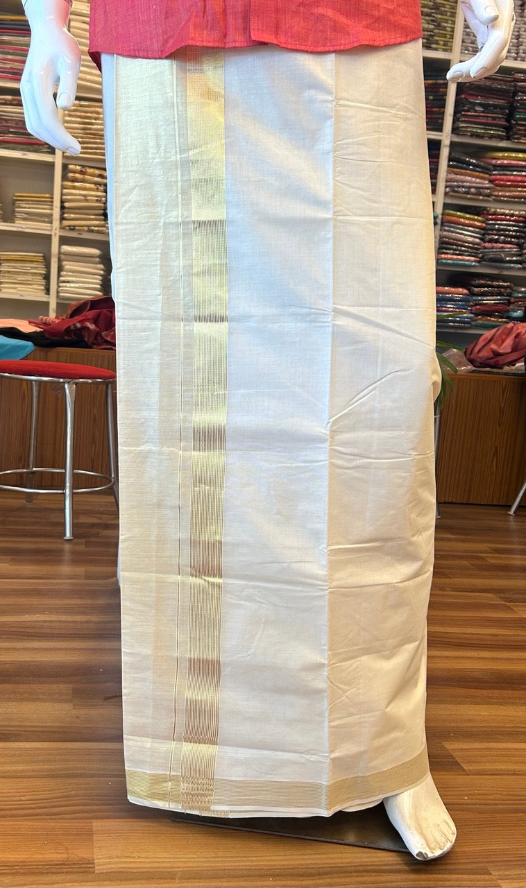 19% DISCOUNT ! KaithariKada Balaramapuram 100%  Cotton off white (Unbleached) Double  Mundu/Dhoti - 80x72 - 10 inch Kasavu stripes & tissue kara - 4KK5075VIN