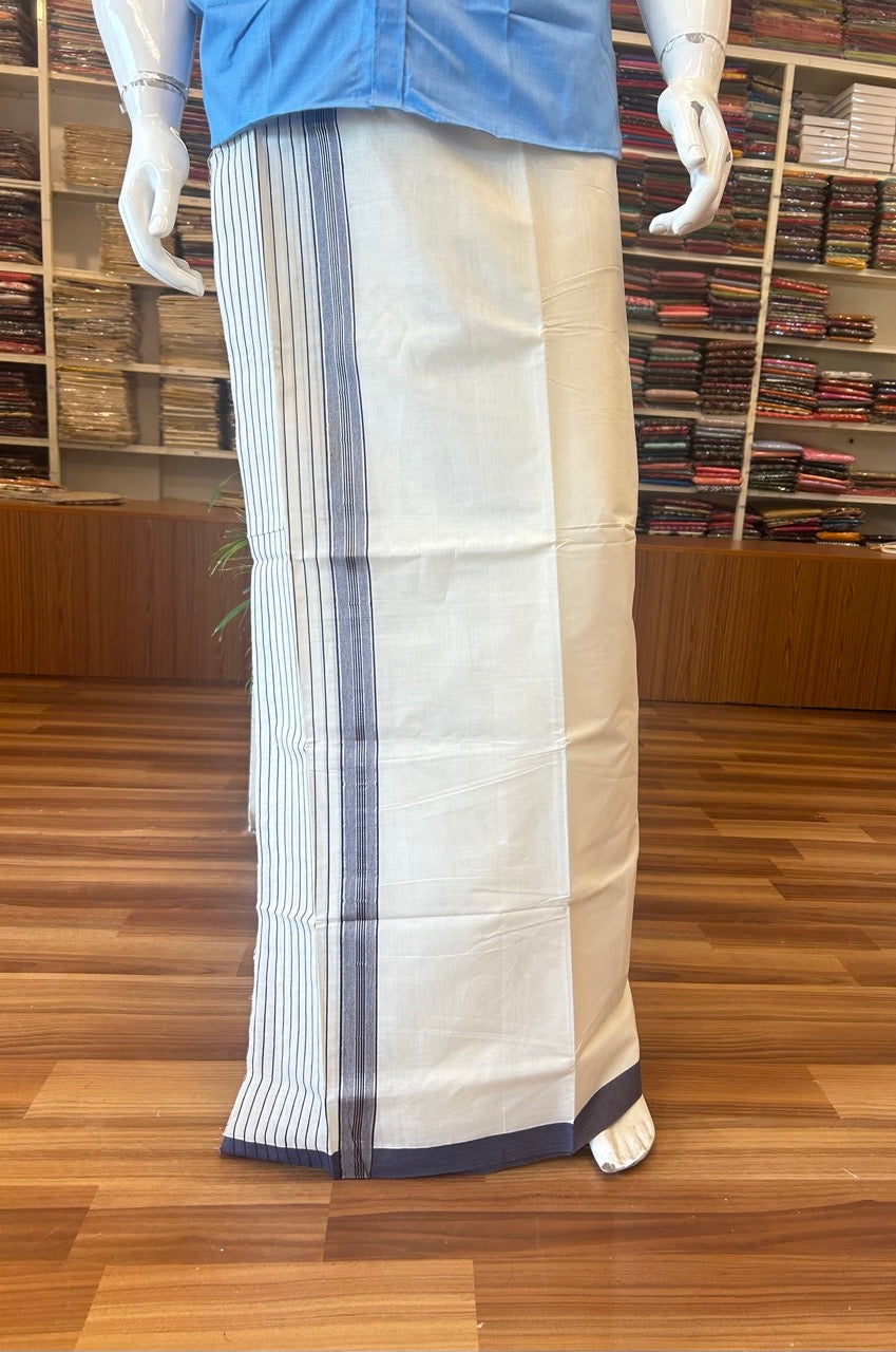 28% Discount !! KaithariKada Balaramapuram Double Off white Mundu/Dhoti- 80x90- 7 inch Navy Blue & Silver Striped kara 3.92m- 4KK5006PMC