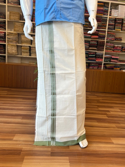 28% Discount !! KaithariKada Balaramapuram Double Off white Mundu/Dhoti- 80x90- 7 inch Sage Green & Silver Striped kara 3.92m- 3KK5006PMC