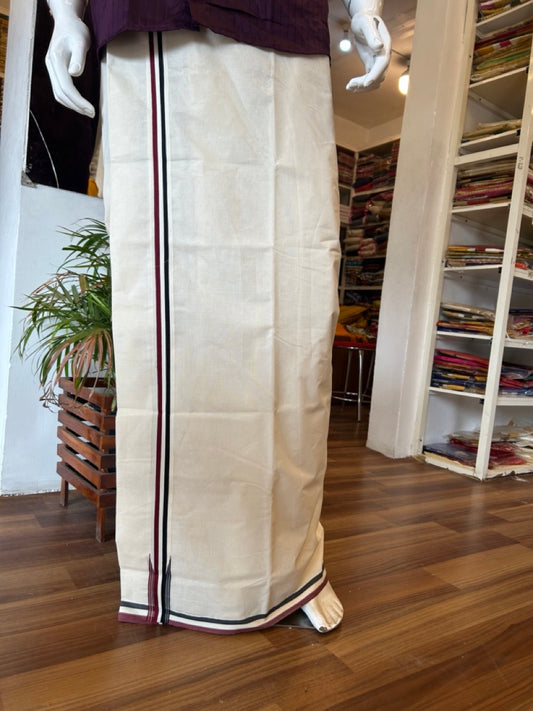 ADMK VESHTI - 22% DISCOUNT! KaithariKada 100% Cotton off white Double - (Unbleached) Mundu/Dhoti - 100X100 - 1.5 inch Black White & Maroon Striped Wings Chutty kara - 7KK5079ASH