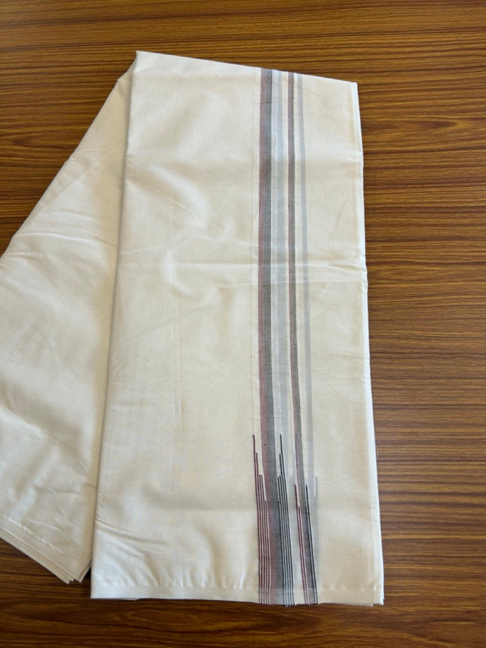 SHORT DHOTI SPECIAL! Kaitharikada.com - 19% Discount! Balaramapuram Double Off white - (Unbleached) Mundu/Dhoti - 100X100 - 1 inch Puliyilakkara Maroon & Black Striped Chutty Kara - 2KK5080ASH