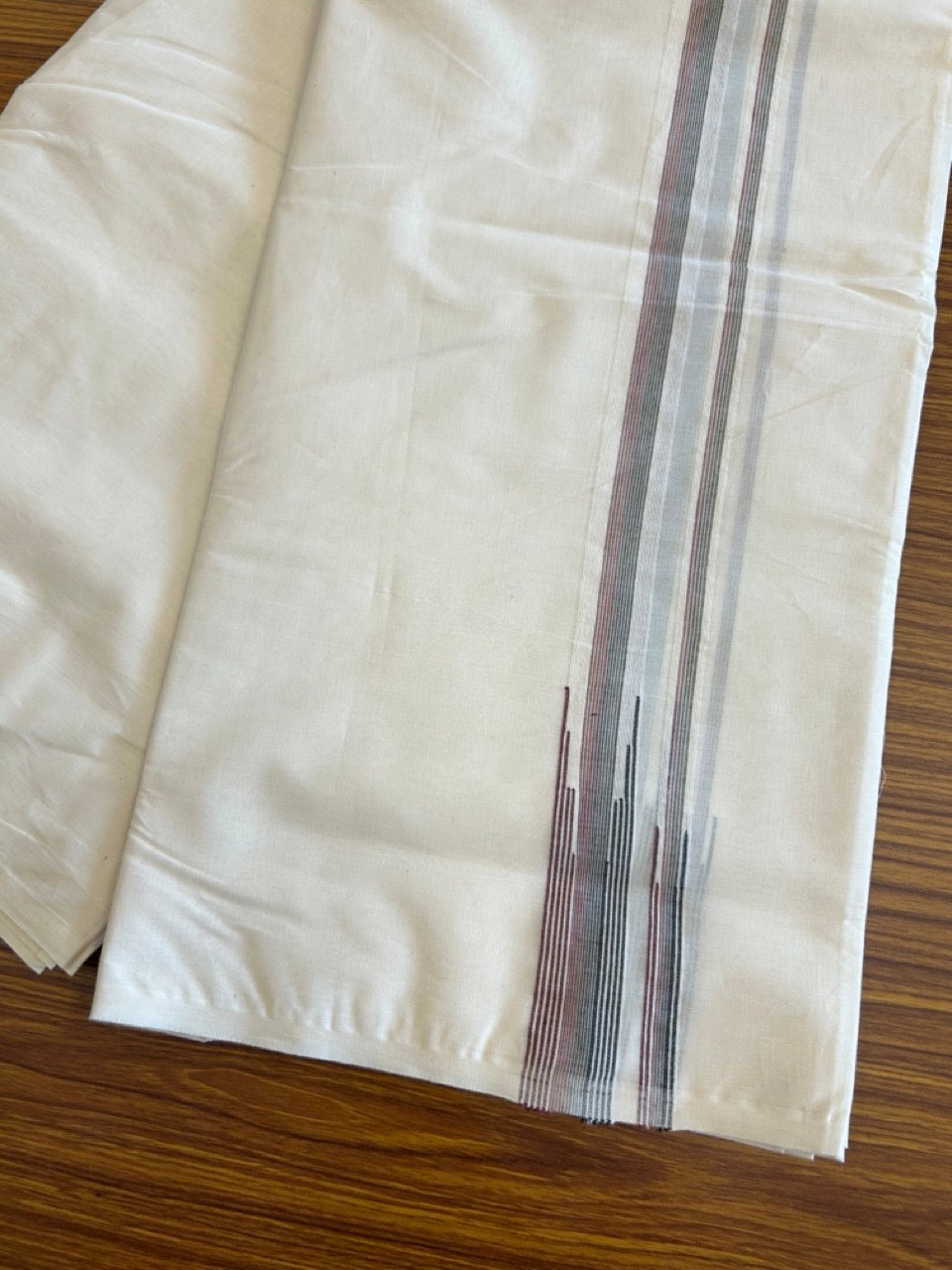 SHORT DHOTI SPECIAL! Kaitharikada.com - 19% Discount! Balaramapuram Double Off white - (Unbleached) Mundu/Dhoti - 100X100 - 1 inch Puliyilakkara Maroon & Black Striped Chutty Kara - 2KK5080ASH