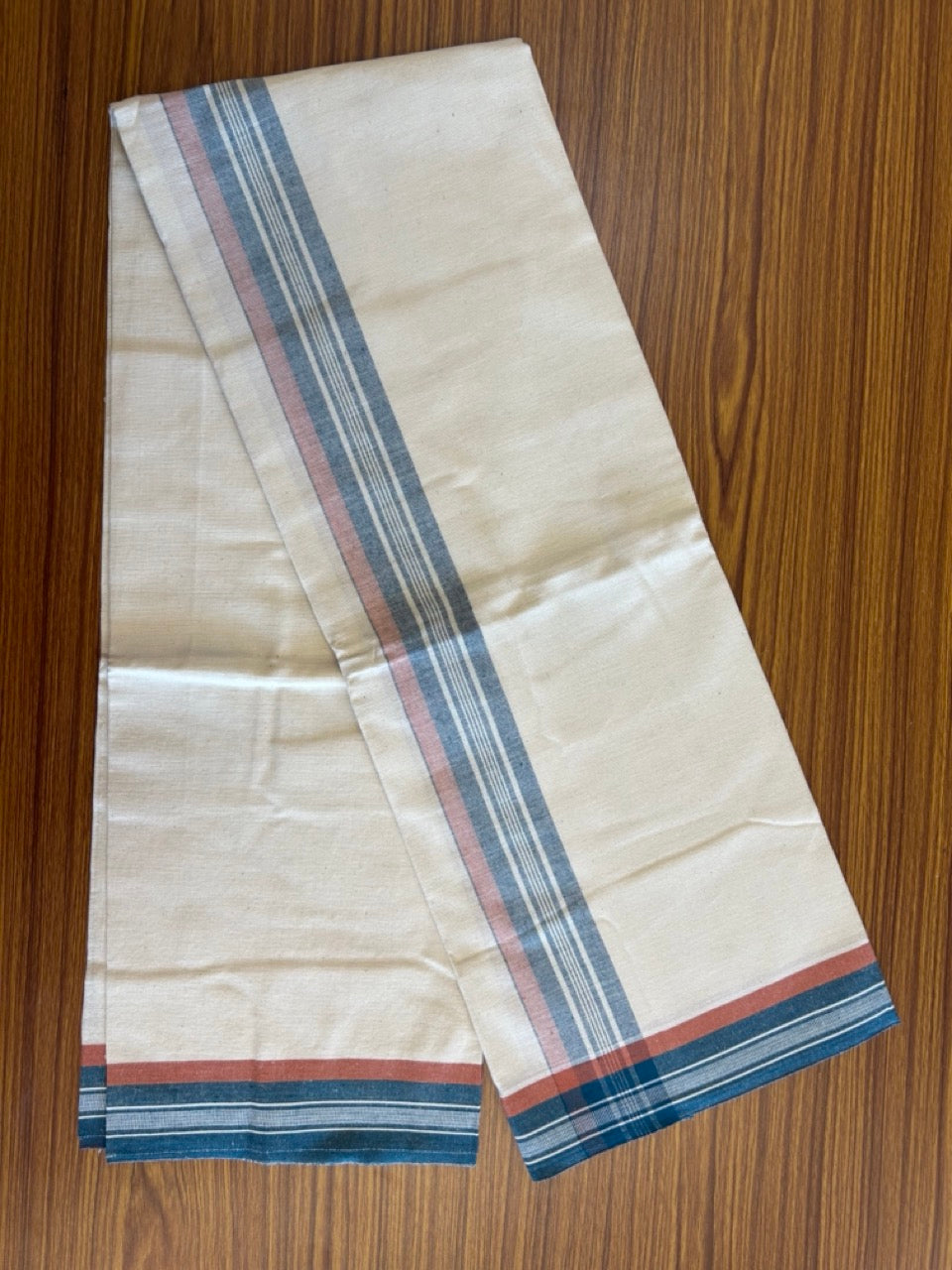 8% Discount !! Kaitharikada Pure Cotton Single Off White - (Unbleached) Kaily / Lungi - 2.25 inch Peacock Blue & Brownish Orange Striped Kuppadam kara with Off White colour body (2 meter / 4 muzham)- 9KK8005AS