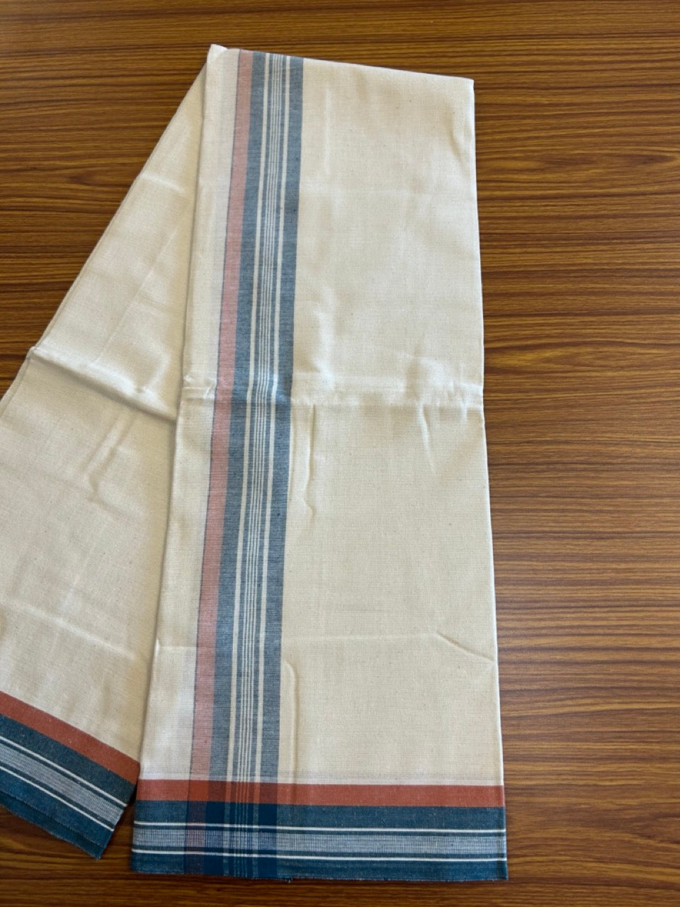 8% Discount !! Kaitharikada Pure Cotton Single Off White - (Unbleached) Kaily / Lungi - 2.25 inch Peacock Blue & Brownish Orange Striped Kuppadam kara with Off White colour body (2 meter / 4 muzham)- 9KK8005AS