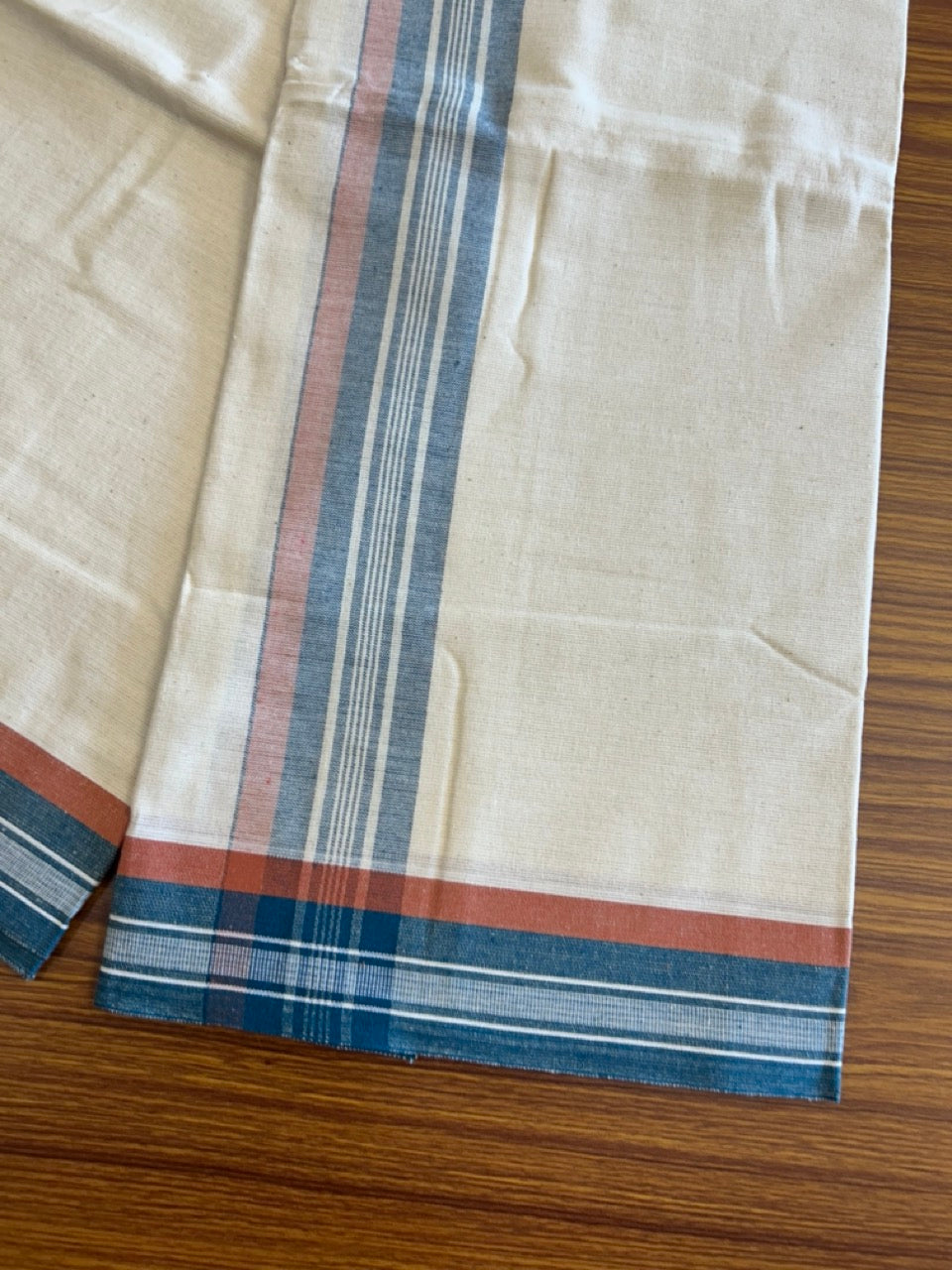 8% Discount !! Kaitharikada Pure Cotton Single Off White - (Unbleached) Kaily / Lungi - 2.25 inch Peacock Blue & Brownish Orange Striped Kuppadam kara with Off White colour body (2 meter / 4 muzham)- 9KK8005AS