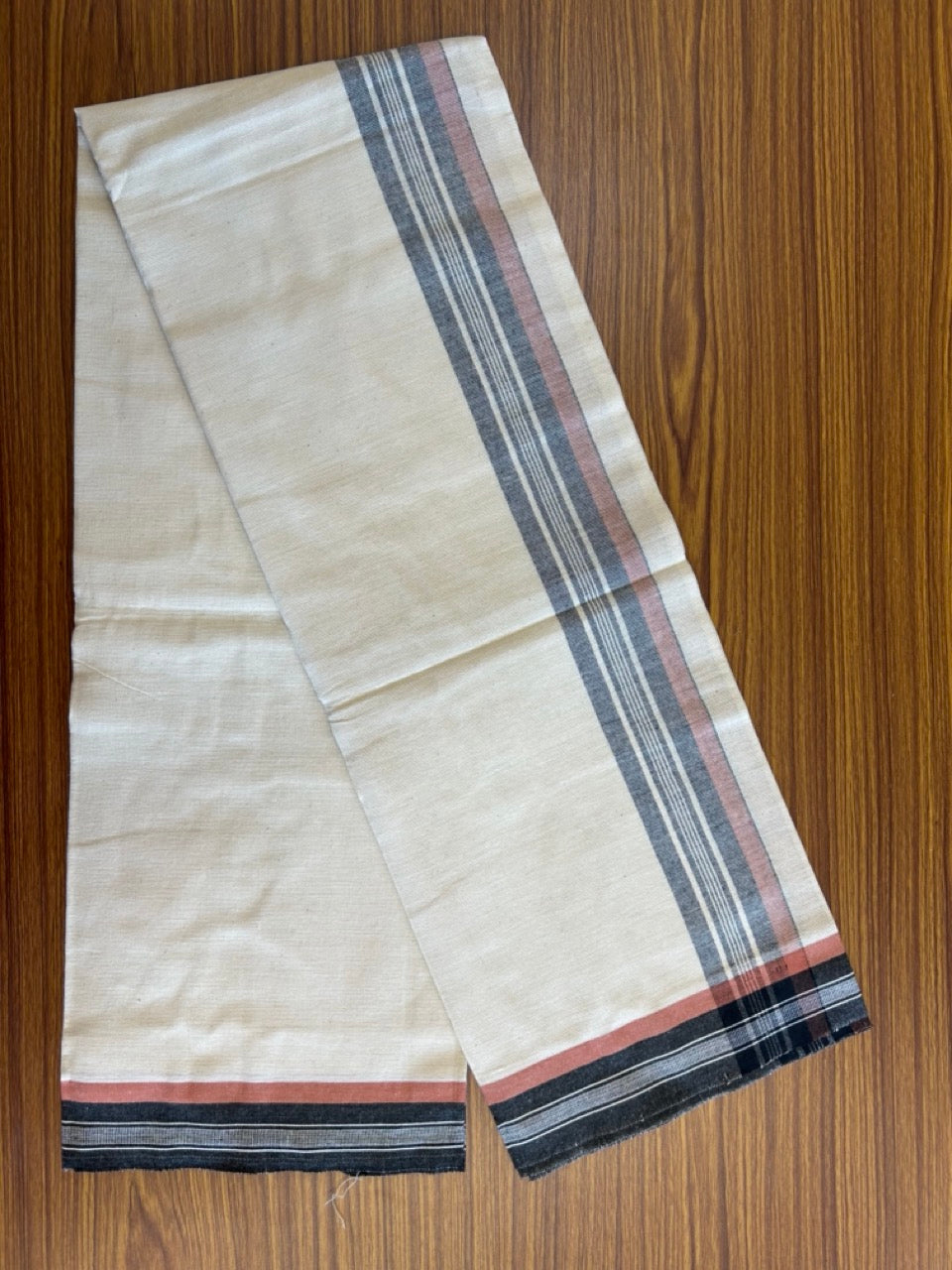 8% Discount !! Kaitharikada Pure Cotton Single OFF WHITE - (Unbleached) Kaily / Lungi - 2.25 inch Black & Brownish Orange Striped Kuppadam kara with Off White colour body (2 meter / 4 muzham) - 11KK8005AS