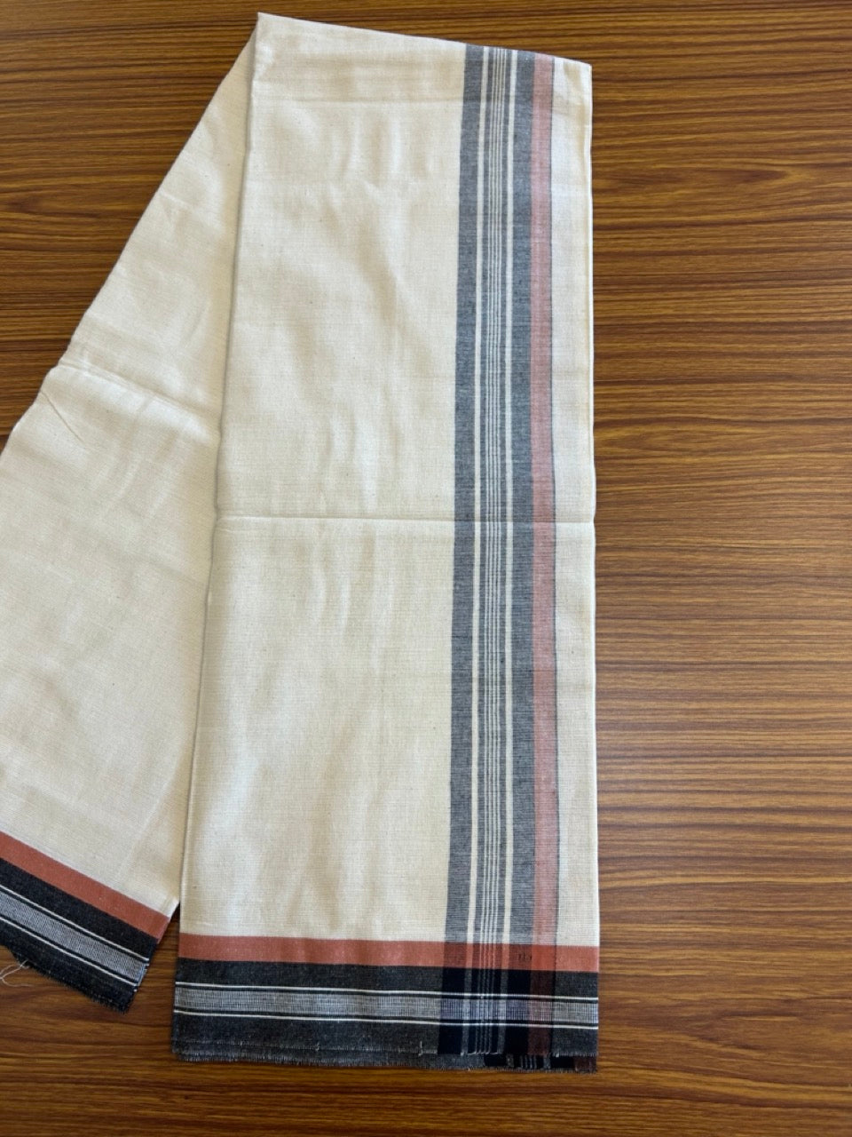 8% Discount !! Kaitharikada Pure Cotton Single OFF WHITE - (Unbleached) Kaily / Lungi - 2.25 inch Black & Brownish Orange Striped Kuppadam kara with Off White colour body (2 meter / 4 muzham) - 11KK8005AS