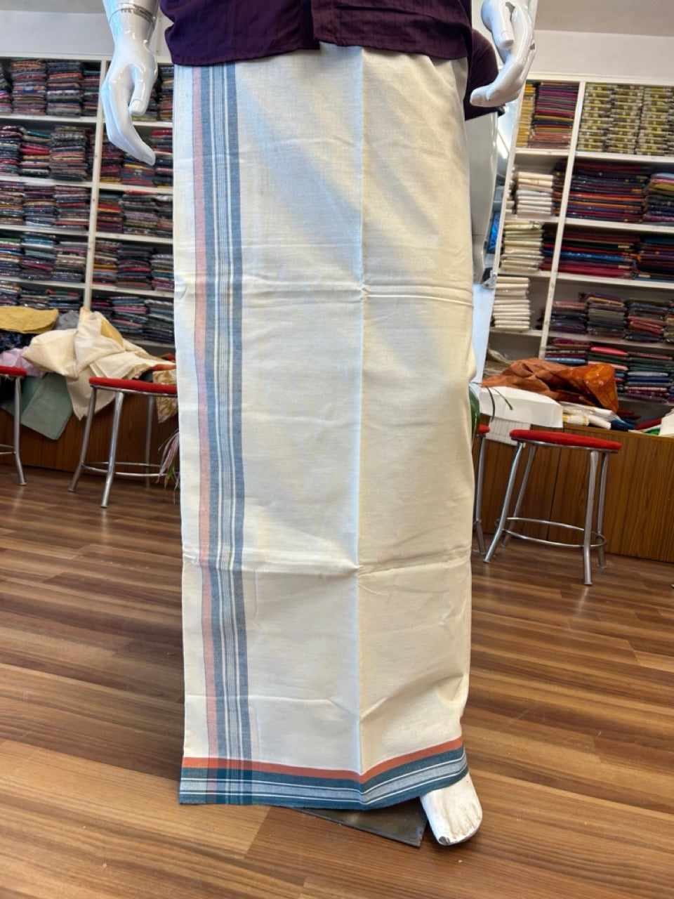 8% Discount !! Kaitharikada Pure Cotton Single Off White - (Unbleached) Kaily / Lungi - 2.25 inch Peacock Blue & Brownish Orange Striped Kuppadam kara with Off White colour body (2 meter / 4 muzham)- 9KK8005AS