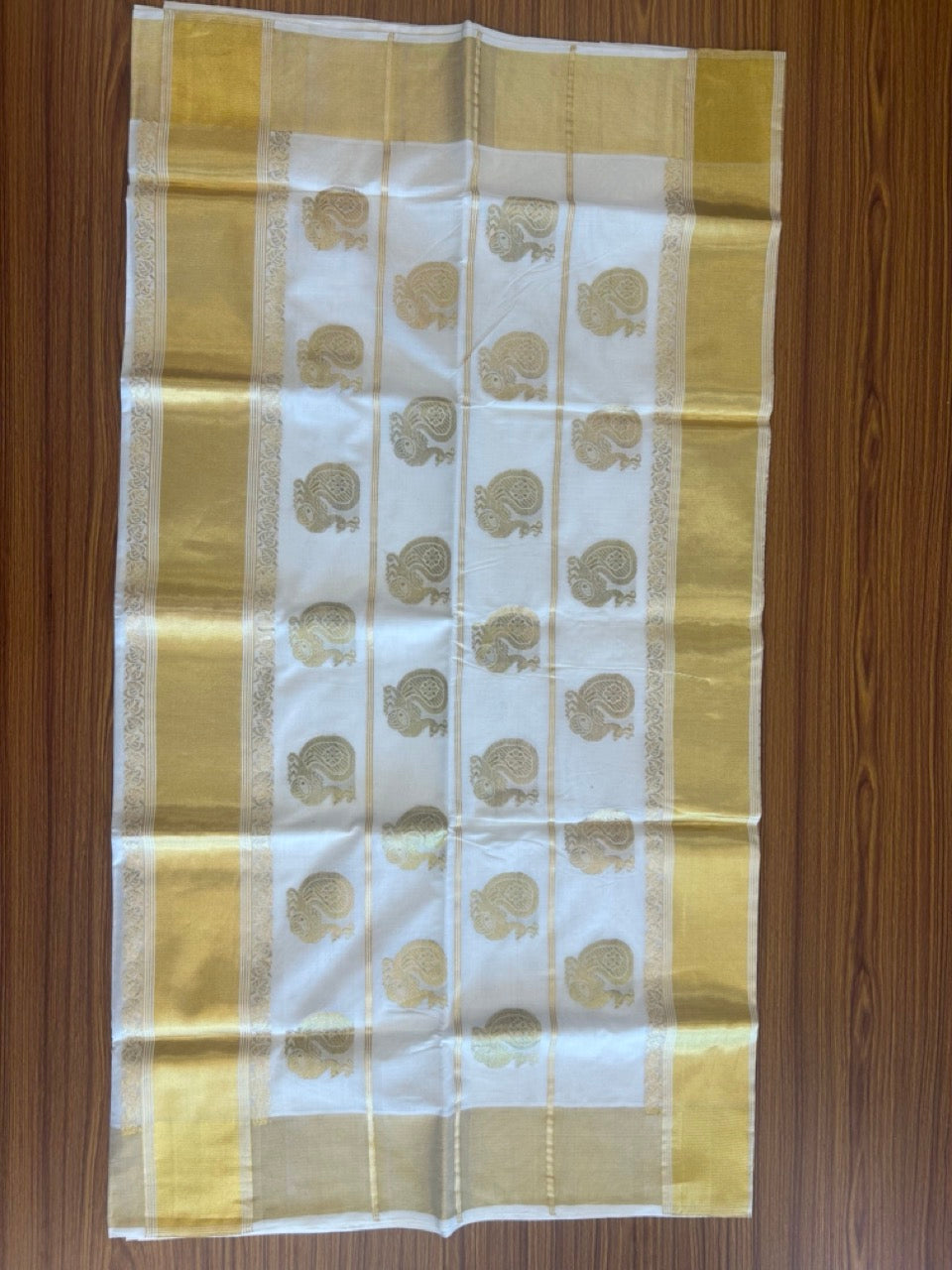 KaithariKada HANDLOOM MILPAAV Balaramapuram Kerala Saree for Women- 100% PURE Cotton - 24 Inch Gold Kasavu Peacock PATTERN DESIGN Kara - 2KK1009KK