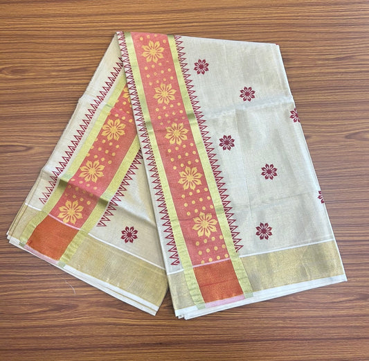 25% Discount! Kaitharikada Kerala Saree - Kasavu Tissue -  Kasavu Zari & Floral Prints in Maroon & Gold- 6KK1009KK