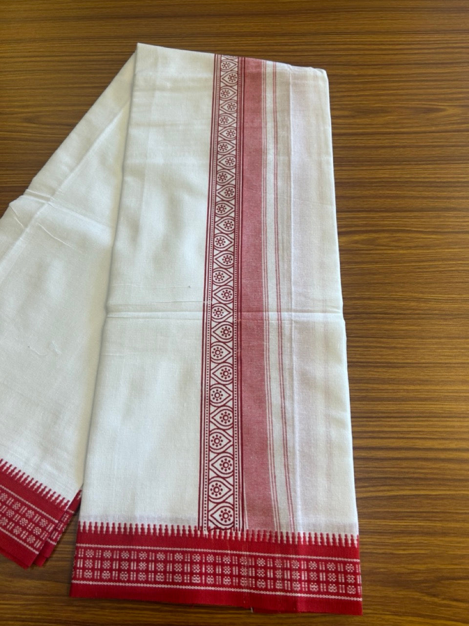 12% Discount!!! Kaitharikada Pure Cotton Single PURE WHITE - Kaily / Lungi - 3.25 inch Light Red Striped Printed Kuppadam kara with White colour body (2 meter / 4 muzham) - 15KK8006AS