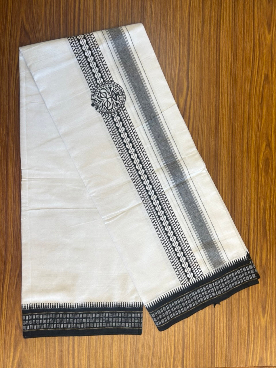 12% Discount!!! Kaitharikada Pure Cotton Single PURE WHITE -  Kaily / Lungi - 4.5 inch Black Striped Printed Kuppadam kara with White colour body (2 meter / 4 muzham) - 12KK8006AS