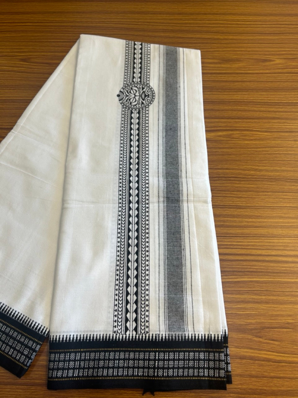 12% Discount!!! Kaitharikada Pure Cotton Single PURE WHITE -  Kaily / Lungi - 4.5 inch Black Striped Printed Kuppadam kara with White colour body (2 meter / 4 muzham) - 12KK8006AS