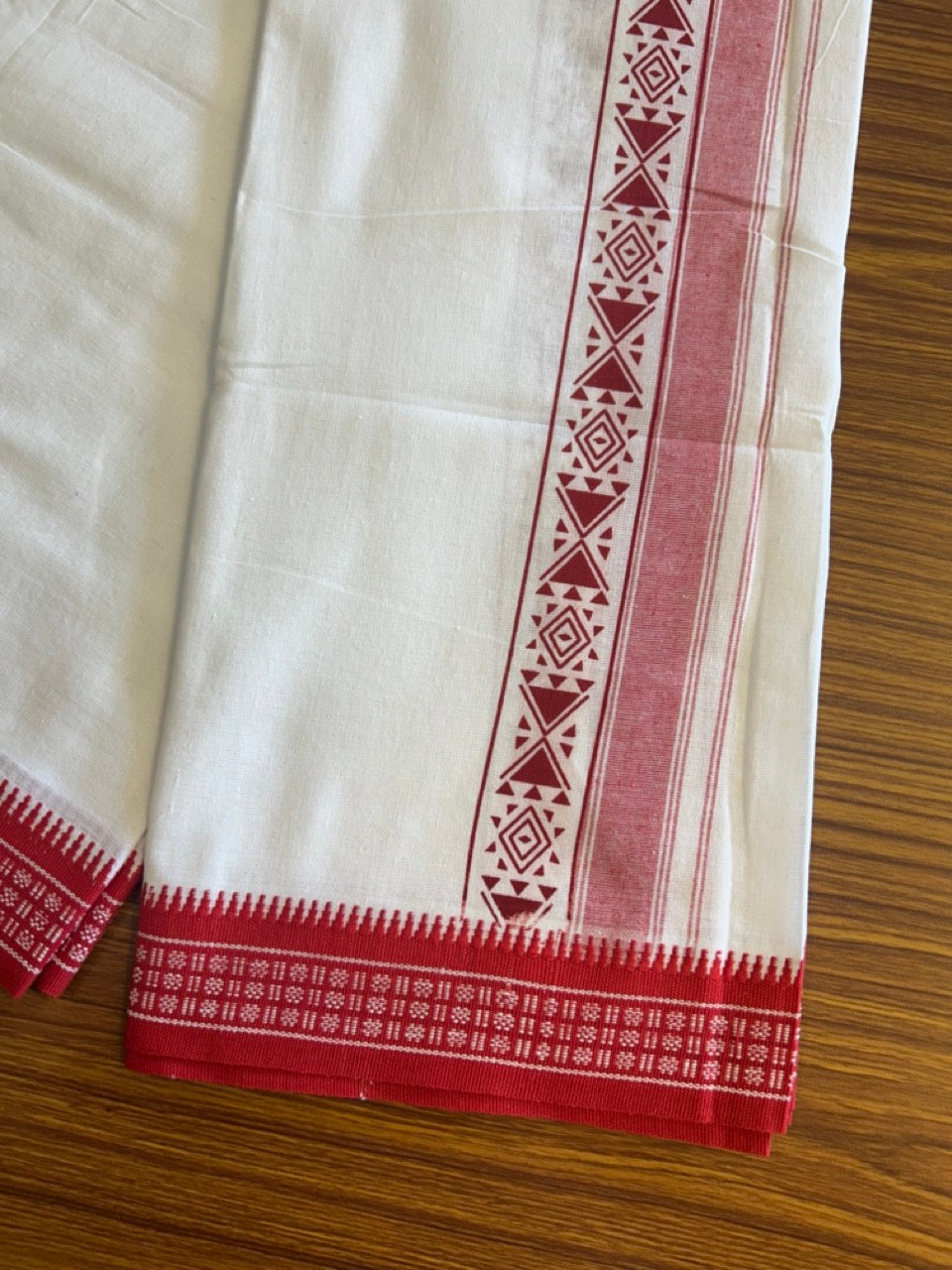 12% Discount!!! Kaitharikada Pure Cotton Single PURE WHITE Kaily / Lungi -  3.25 inch Deep Red Striped Printed Kuppadam kara with White colour body (2 meter / 4 muzham) - 1KK8006AS