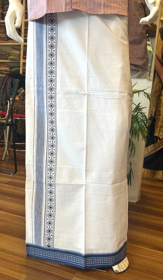 12% Discount!!! Kaitharikada Pure Cotton Single PURE WHITE Kaily / Lungi -  3.5 inch Blue Striped Printed Kuppadam kara with White colour body (2 meter / 4 muzham) - 2KK8006AS