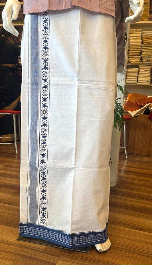 12% Discount!!! Kaitharikada Pure Cotton Single PURE WHITE Kaily / Lungi -  3.5 inch Blue Striped Printed Kuppadam kara with White colour body (2 meter / 4 muzham) - 3KK8006AS