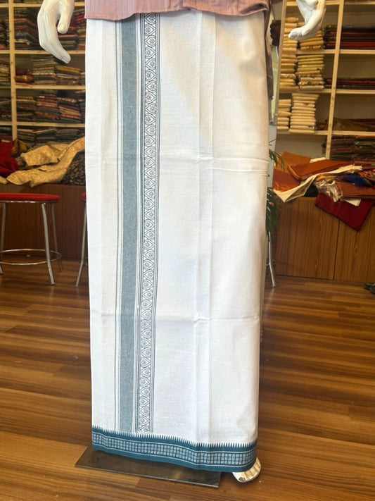 12% Discount!!! Kaitharikada Pure Cotton Single PURE WHITE Kaily / Lungi -  3.25 inch Peacock Blue Striped Printed Kuppadam kara with White colour body (2 meter / 4 muzham) - 6KK8006AS