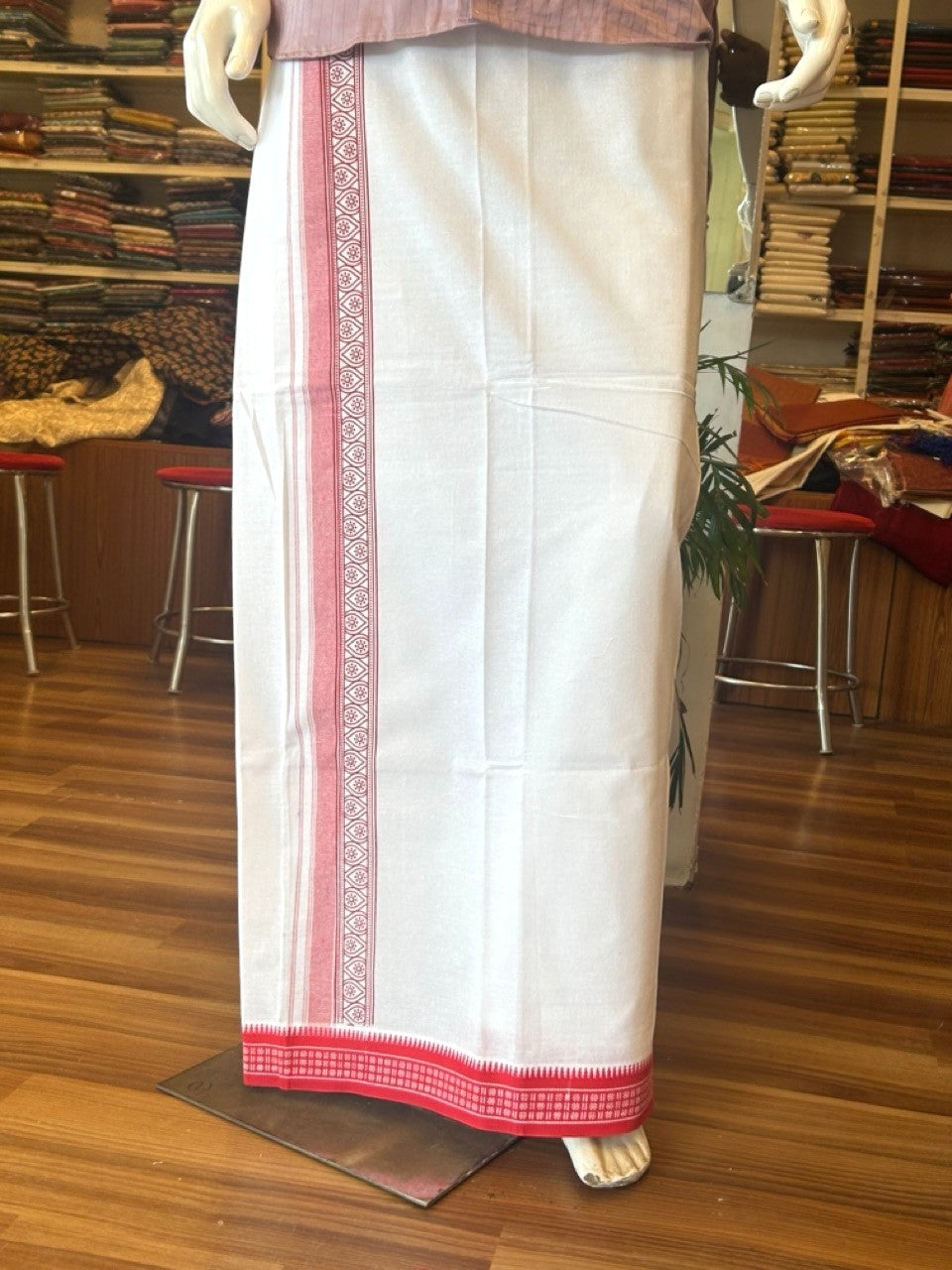 12% Discount!!! Kaitharikada Pure Cotton Single PURE WHITE - Kaily / Lungi - 3.25 inch Light Red Striped Printed Kuppadam kara with White colour body (2 meter / 4 muzham) - 15KK8006AS