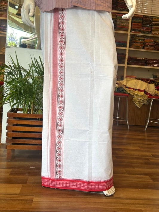 12% Discount!!! Kaitharikada Pure Cotton Single PURE WHITE -  Kaily / Lungi - 3.25 inch Light Red Striped Printed Kuppadam kara with White colour body (2 meter / 4 muzham) - 16KK8006AS