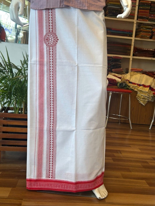 12% Discount!!! Kaitharikada Pure Cotton Single PURE WHITE Kaily / Lungi -  4.25 inch Light Red Striped Printed Kuppadam kara with White colour body (2 meter / 4 muzham) - 10KK8006AS