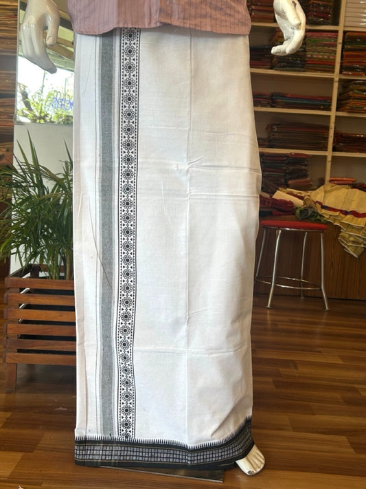 12% Discount!!! Kaitharikada Pure Cotton Single PURE WHITE Kaily / Lungi - 3.5 inch Black Striped Printed Kuppadam kara with White colour body (2 meter / 4 muzham) - 11KK8006AS