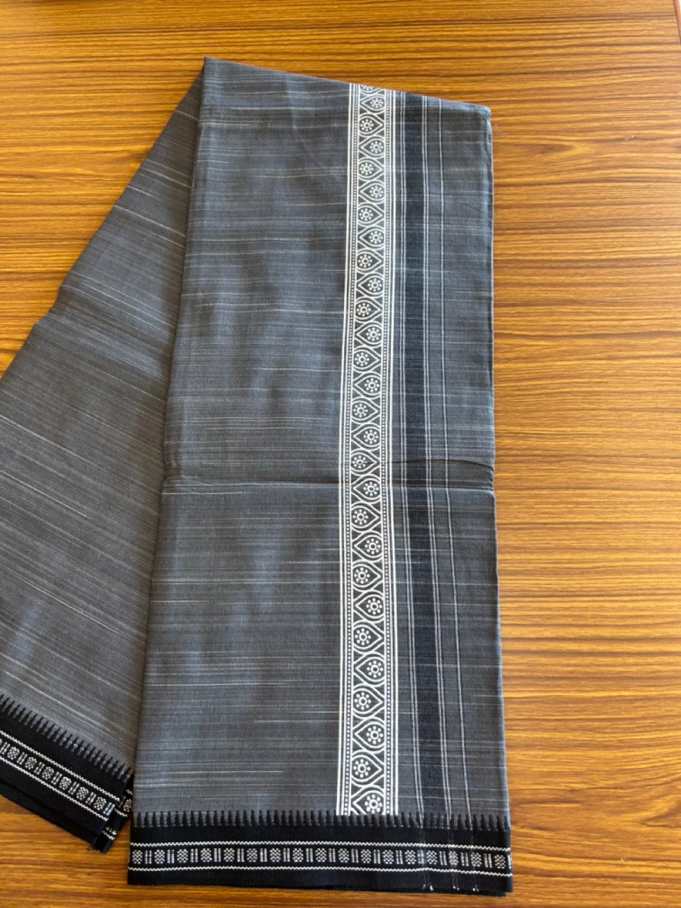 12% Discount!!! Kaitharikada Pure Cotton - Single Kaily / Lungi - 3 inch printed kara with White+Black colour Ash Black body Kuppadam Border (2 meter / 4 muzham) - 1KK8007AS