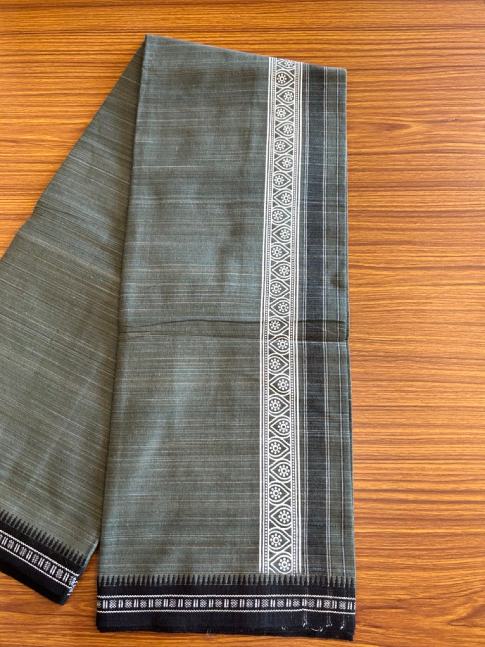 12% Discount!!! Kaitharikada Pure Cotton - Single Kaily / Lungi -  3.25 inch printed kara with White+Black & Dark Olive Green colour body Kuppadam Border (2 metre / 4 muzham) - 7KK8007AS